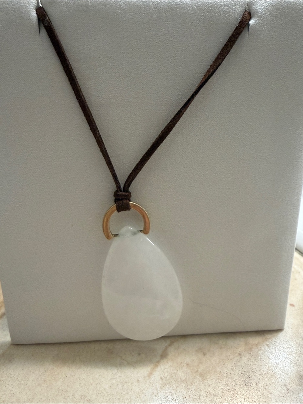 Marlyn Schiff White Teardrop Pendant Necklace with Brown Cord and Gold Hoop